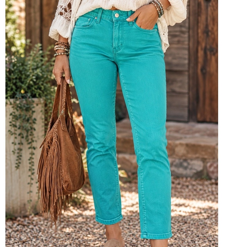 Old Navy Rockstar Super Skinny Ankle Jeans Teal Green Mid Rise Women Size 0 Crop